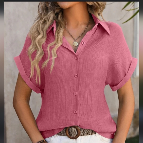 Mauve button down collared  blouse size small cuff sleeve textured material - Picture 1 of 8